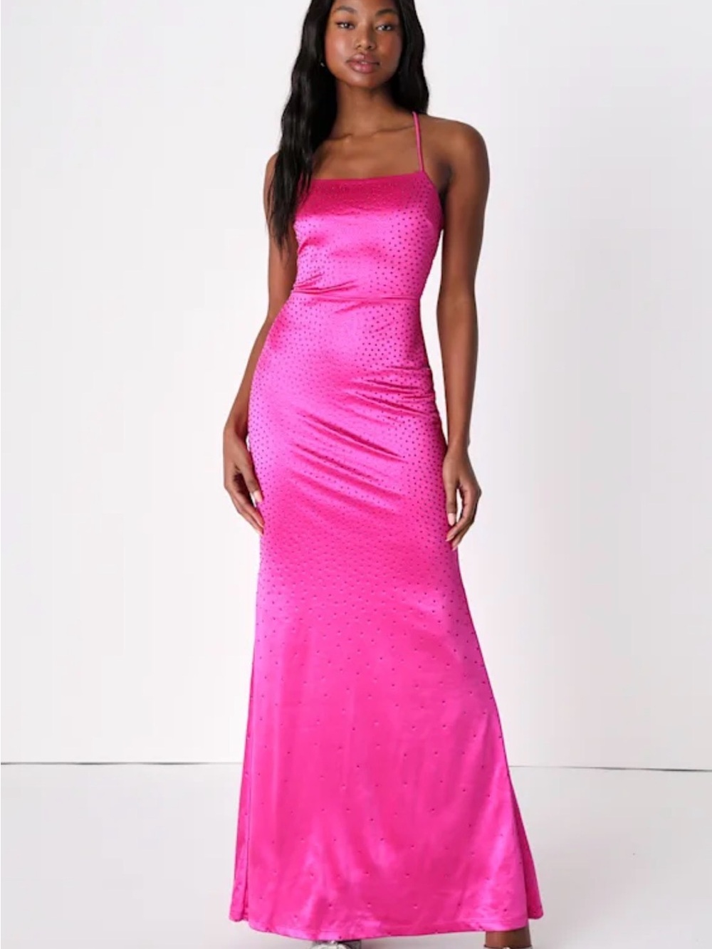 NWT Radiant Stunner Hot Pink Satin Rhinestone Lace-Up Maxi Dress Size Small